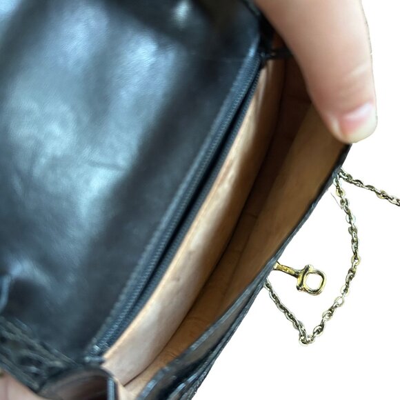 Vintage Black Leather Animal Print Embossed Crossbody Bag Chain Strap - Picture 7 of 11